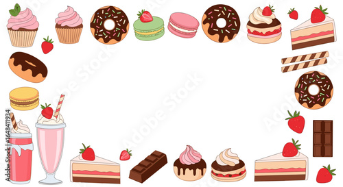 A delightful assortment of sweet treats including cakes donuts macarons milkshakes and strawberries for a festive celebration