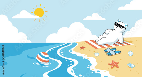 A cool polar bear enjoys a sunny beach day relaxing under the warm summer sun