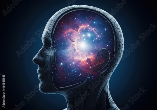 Conceptual visualization of human mind filled with cosmic energy and intelligence