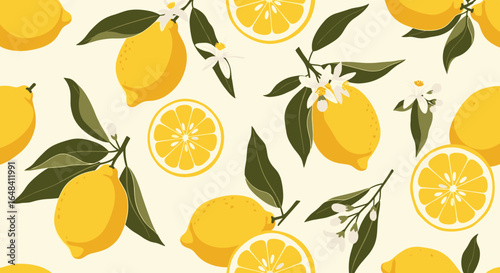 Vibrant yellow lemons with green leaves and delicate white blossoms adorning a creamy textured background
