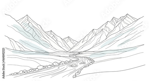 Majestic Mountain Range Landscape with River Sketch Art Illustration