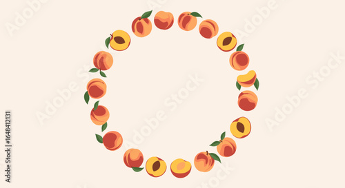 A circular arrangement of fresh peaches with green leaves on a light background illustrating sweetness and summer