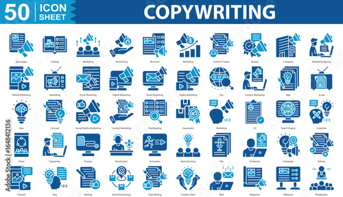 Copywriting Icon Set Collection Concept With Icon Of newspaper, catalog, marketing, advertising, brochure, marketing, content creator, quality, company, marketing agency, mobile marketing, marketing, 