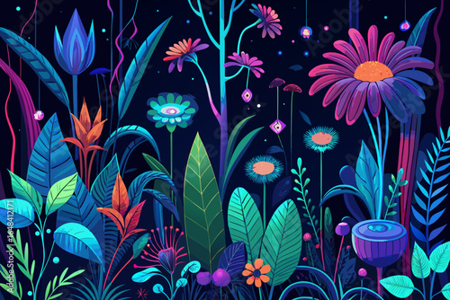 Vibrant fantasy floral jungle scene with glowing neon flowers and lush foliage under moonlight, evoking wonder and enchantment for magical themes