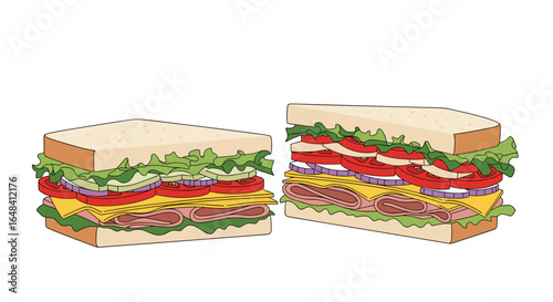 Two delicious halved deli sandwiches filled with ham cheese lettuce tomato and onion