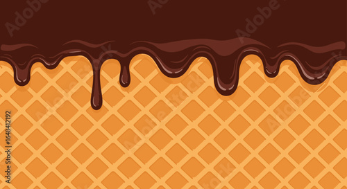 Deliciously rich dark chocolate dripping smoothly over golden crispy waffle texture background