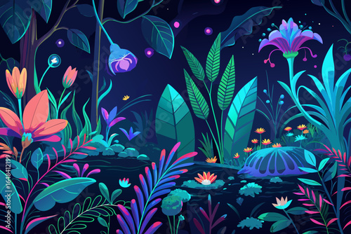Enchanting bioluminescent forest scene alive with vibrant, glowing flora and magical nocturnal ambiance creating a mystical, otherworldly landscape perfect for fantasy and nature themes