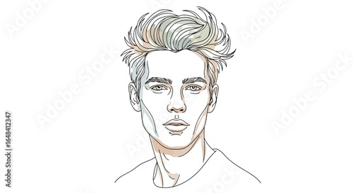 Minimalist line art portrait of a handsome young man with stylish hair