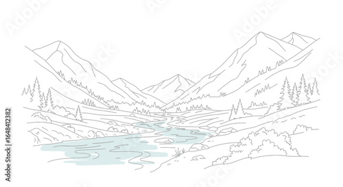 Minimalist Mountain Landscape with River Line Art Illustration Design