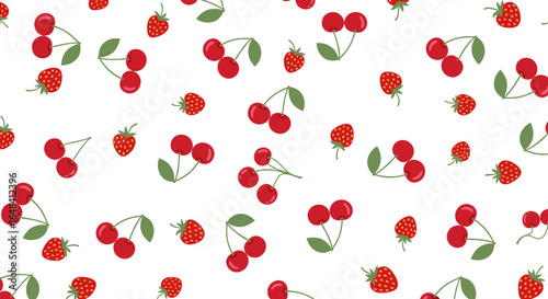 A cheerful white background adorned with a delightful scattering of fresh red cherries and juicy strawberries providing a sweet and fruity visual.