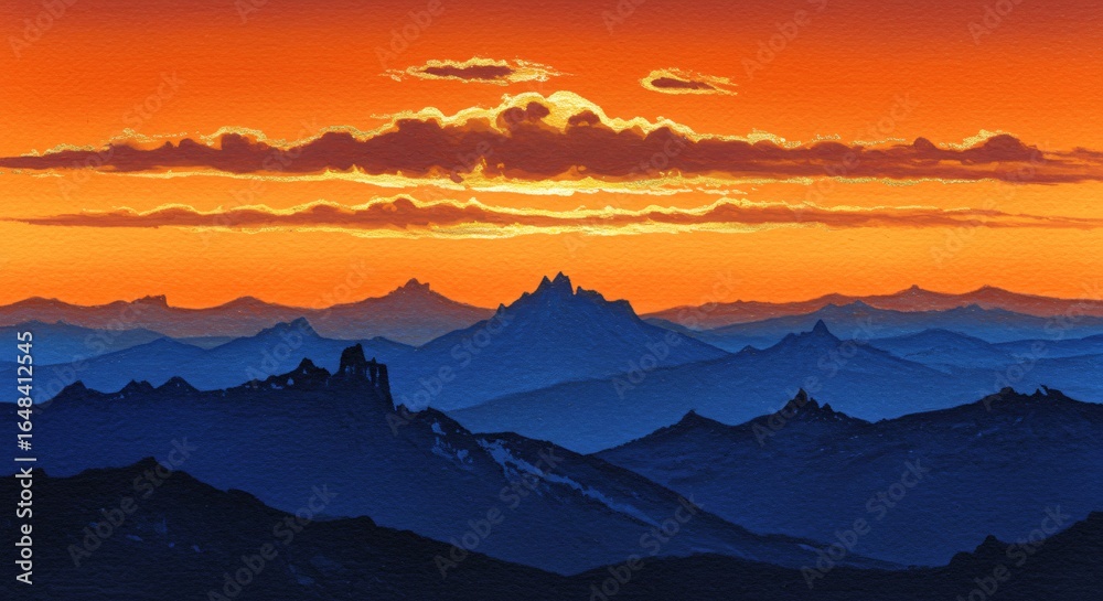 Fototapeta premium At sunset, a watercolor landscape depicts orange and blue mountains.
