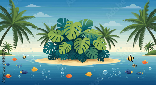Tropical island paradise scene with lush greenery palm trees and colorful fish swimming in crystal clear ocean water under a sunny blue sky