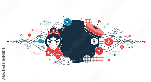 Japanese cultural elements featuring a geisha and traditional motifs with decorative flourishes