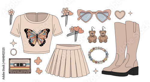 Bohemian inspired fashion collage featuring butterfly crop top pleated skirt and cowboy boots