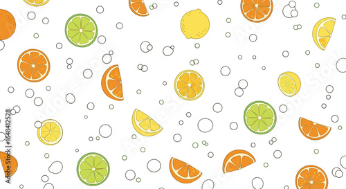 A refreshing pattern of citrus fruit slices and bubbles on a white background