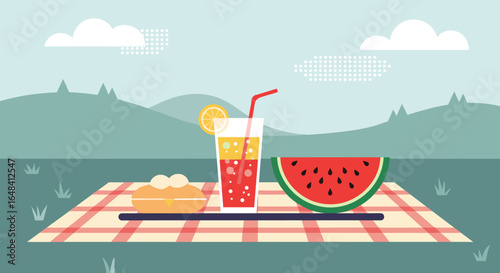 Enjoying a delicious summer picnic with refreshing drinks and juicy watermelon outdoors on a sunny day