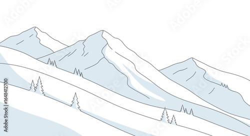 Minimalist winter mountains landscape background with snow and pine trees