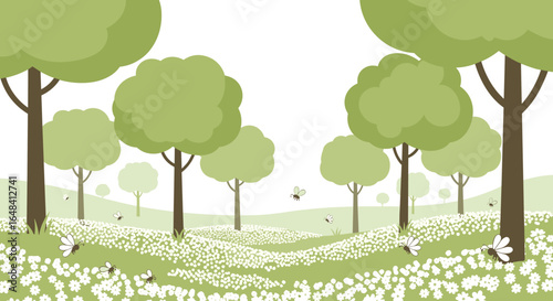 A serene spring meadow filled with blooming white flowers and flying insects amidst green trees under a white sky