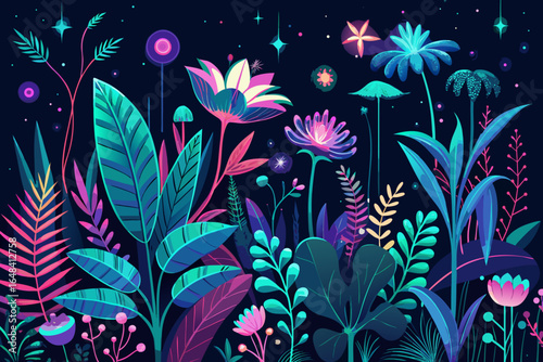 Vibrant neon botanical garden at night alive with glowing flora and celestial stars creating a magical, enchanted, and otherworldly tropical jungle.