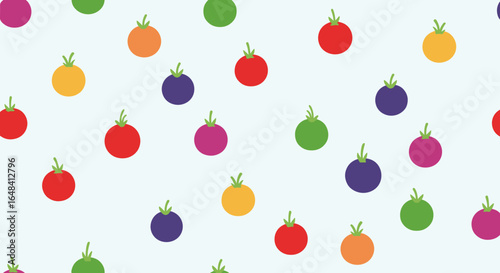 A vibrant and colorful pattern of assorted round fruits scattered across a clean white background creating a joyful and playful visual experience