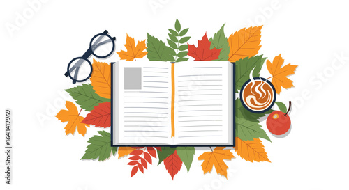 Cozy autumn reading session with warm beverage and stylish eyeglasses surrounded by colorful falling leaves