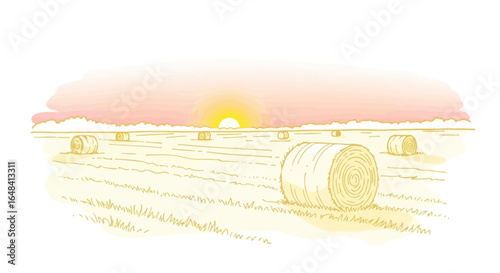 Pastoral scene with golden bales beneath the pastel sky at sunset time