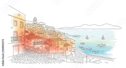 Picturesque coastline town with vibrant buildings and sea boats illustration