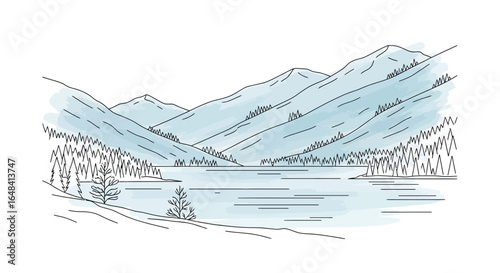 Serene Lake Amidst Majestic Mountains Vector Art Illustration Landscape