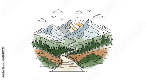 Serene mountain landscape with rising sun in a hand-drawn watercolor style