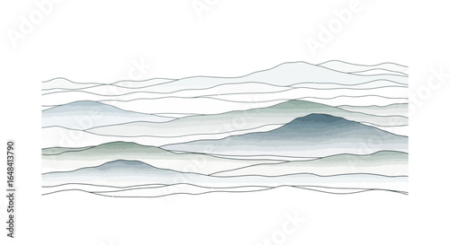 Serene mountain range watercolor landscape illustration in subtle color shades