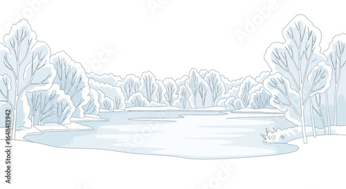 Serene winter landscape with frozen lake and snow-covered trees illustration