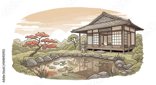 Serene traditional teahouse nestled within a tranquil Japanese garden scene