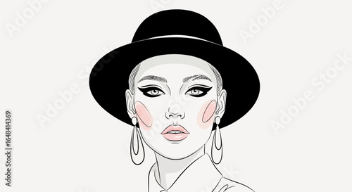 Sophisticated hand-drawn portrait of a woman with a wide-brimmed hat and elegant style