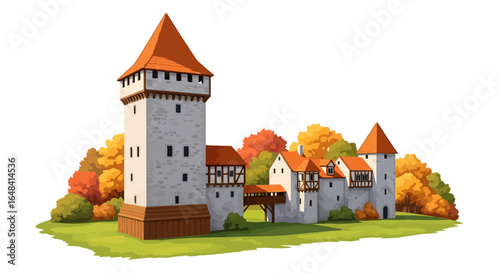 medieval castle in autumn illustrative vector of historic fortification perfect for fairytales games or historical fiction