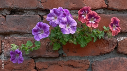 Colorful flowers clinging to a brick wall