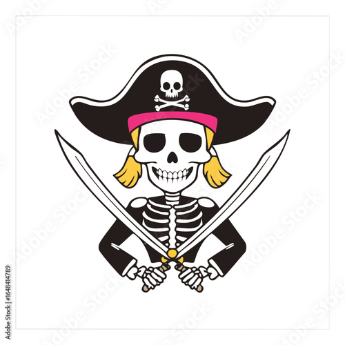 Cartoon illustration of a skeleton pirate with a hat, crossed swords, and a skull.