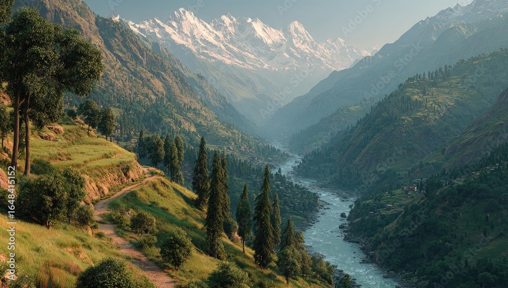 Obraz premium Majestic Mountain Valley with Winding River and Snow-Capped Peaks