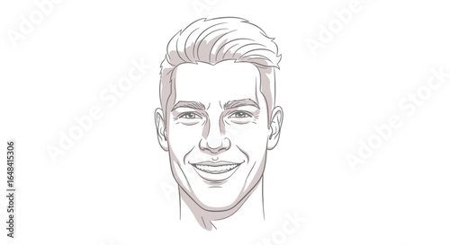 Stylized line drawing portrait of a smiling young man with modern hairstyle