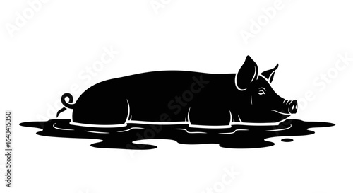 relaxing pig silhouette in mud puddle perfect for farm agriculture or rustic designs needing a peaceful tranquil and simple illustration