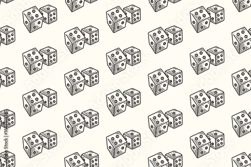 Pair of dices line art seamless pattern on white background for merchandise. Two dice betting engraving doodle pattern background. Dice casino game hatching motif wallpaper. Vector Illustration