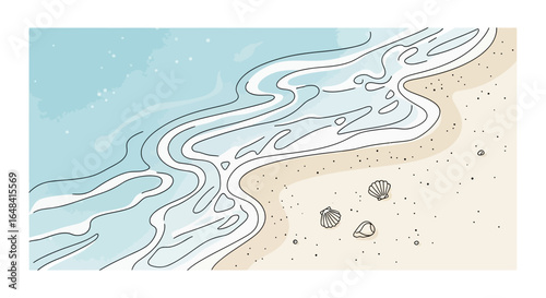 Stylized seaside illustration of calming ocean waves lapping onto sandy shore
