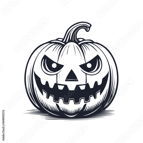 Detailed black and white illustration of a carved pumpkin with a sinister, toothy grin and glowing eyes.
