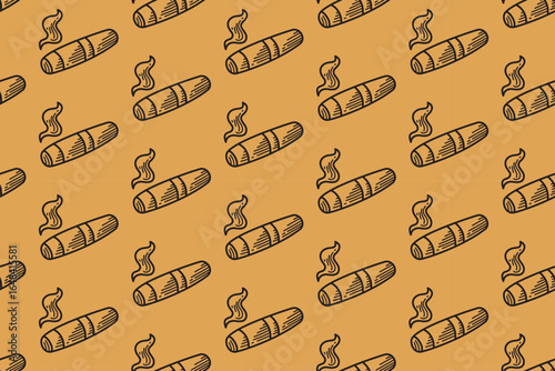 Cigar smoking engraving seamless pattern on tan background for merchandise. Tobacco cigarette line art doodle pattern background. Hand rolled cigar hatching motif wallpaper. Vector Illustration