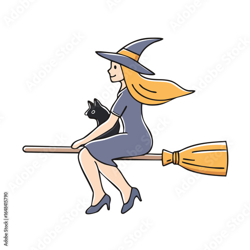 A cartoon illustration of a witch with blonde hair flying on a broom with a black cat.