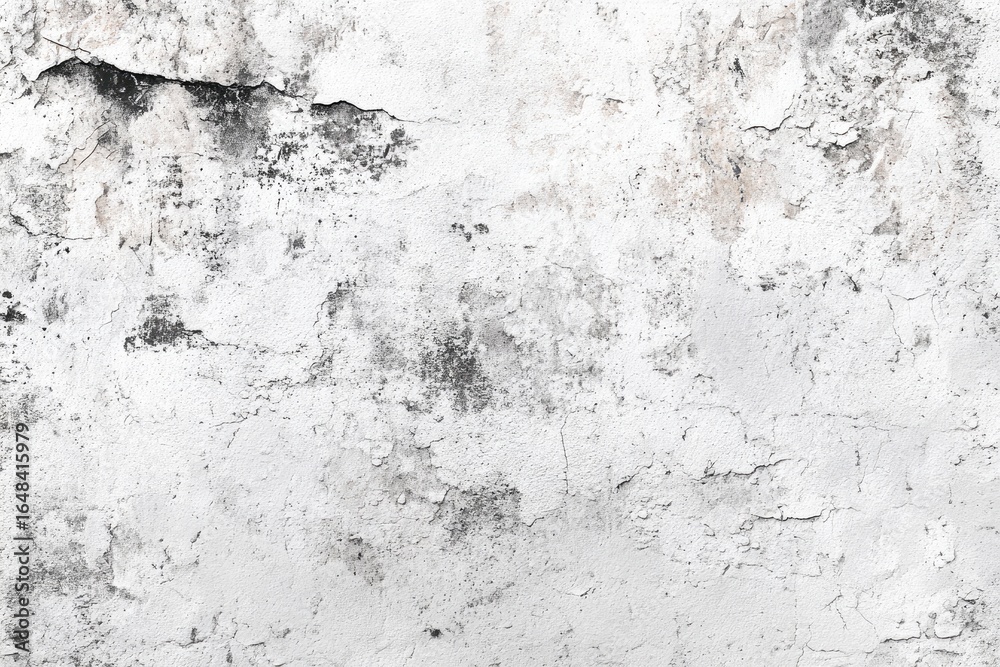Fototapeta premium Aged, weathered white plaster wall. Cracked, mottled surface with dark stains and discolorations