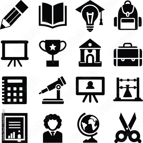 Educational Icons Collection A Variety of Black and White Symbols Representing Learning, Achievement, and Academic Pursuits in Education