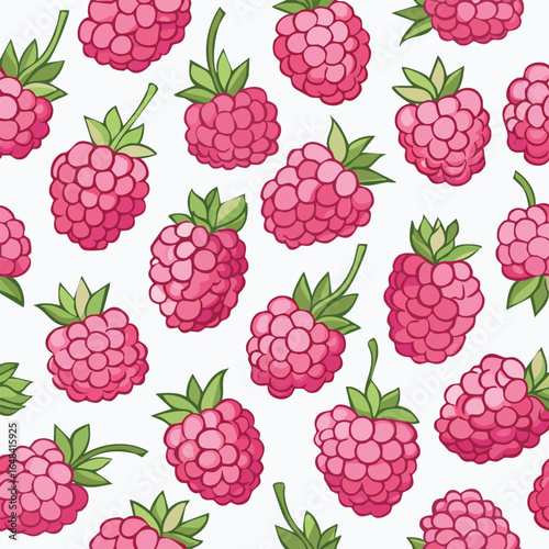 A detailed illustration of a vibrant pattern featuring numerous pink raspberries with green leaves on a white background.