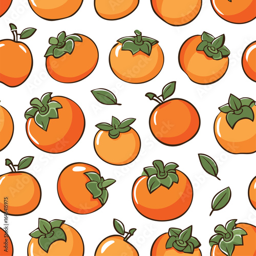 Seamless pattern of ripe persimmon fruits with green leaves on a white background.
