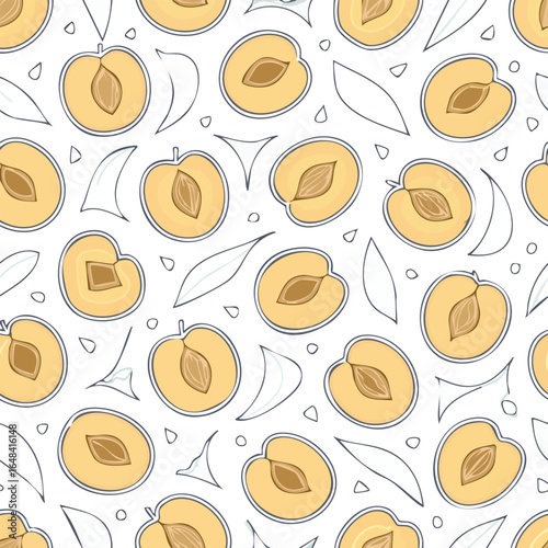 Illustration of a seamless pattern featuring halved plums, leaves, and seeds on a white background.