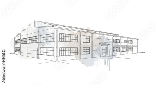 Watercolor architectural sketch of a modern industrial building facade